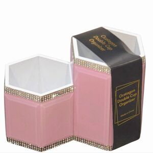 At Home Pink Mirrored Rhinestone Decorative Octagon Double Cup Organizer